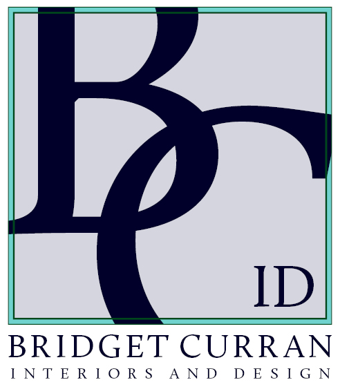 Bridget Curren Interior Design Ad. Large capital letters B and C in black intertwined with each other. Smaller capital letters I and D next to each other inside the curve of the C