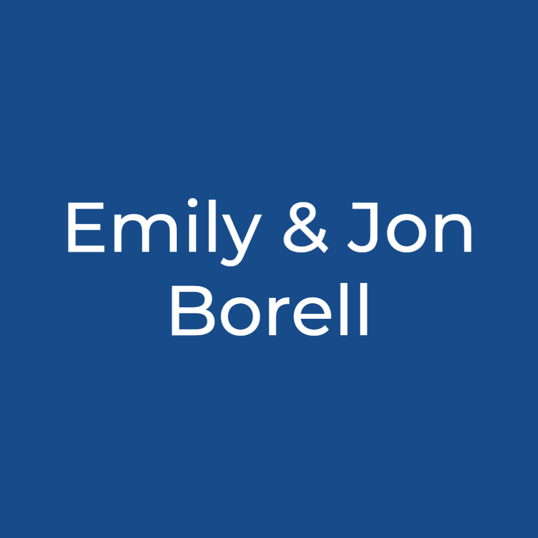 blue box with the words Emily and Jon Borell in white centered inside