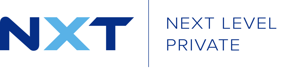 Next Level Private Wealth Management ad. Large capital letters N X T on the left with the words Next Level Private to the right of them. All in various shades of blue