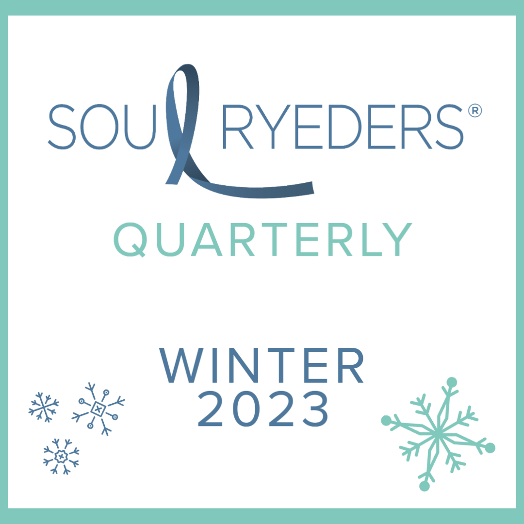 simple white box with green outline. inside is the SR logo, the word quarterly and winter 2023. snowflakes surround the words