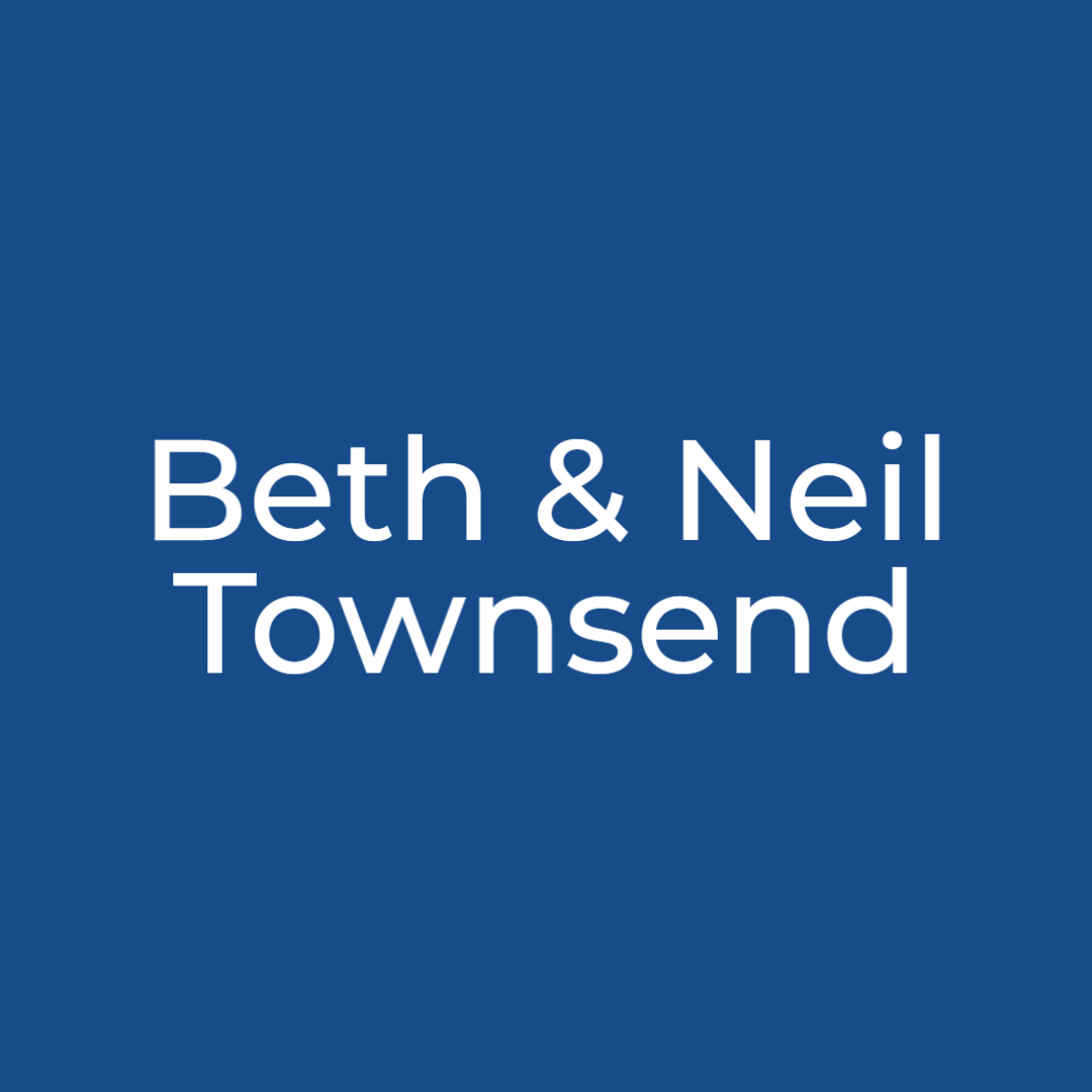 blue box with the words Beth and Neil Townsend in white centered inside