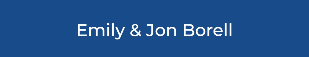 blue box with the words Emily and Jon Borell in white centered inside