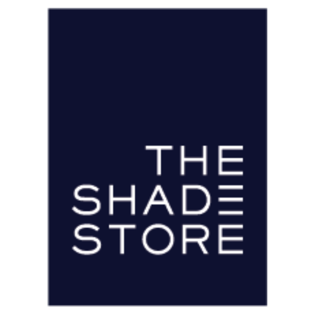 black rectangle in portrain mode with the words The Shade Store written in white with each word stacked on the other