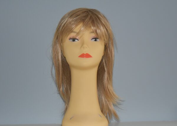 long blonde synthetic wig on mannquin head