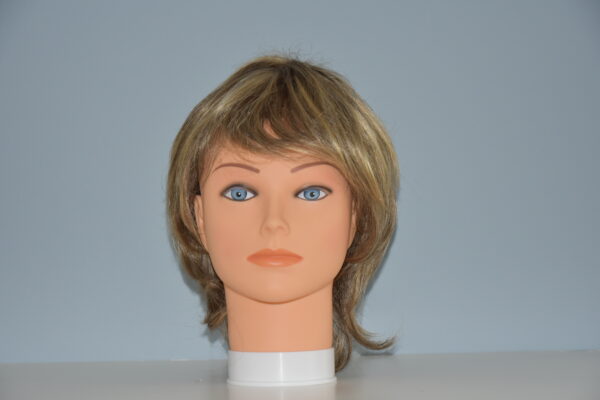 short blond wig with bangs on mannequin head