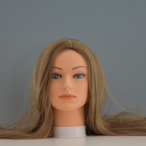 long blonde synthetic wig on mannequin head