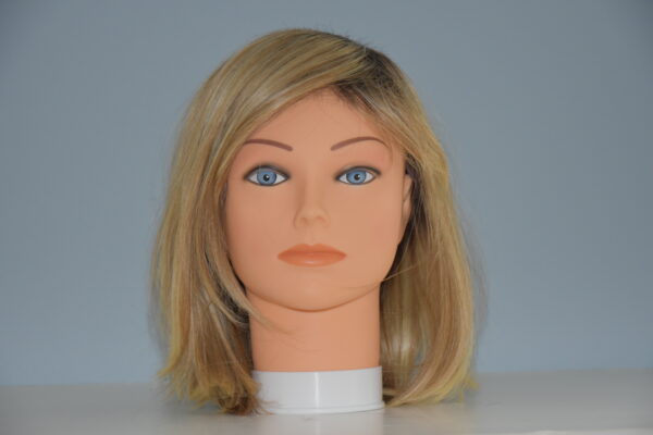 medium length blonde wig on mannequin head