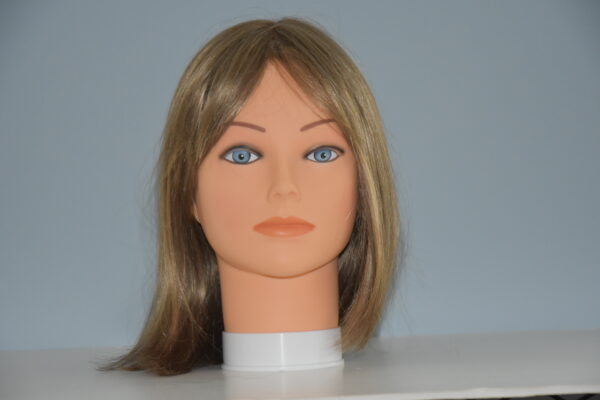 med length blonde wig on mannequin head