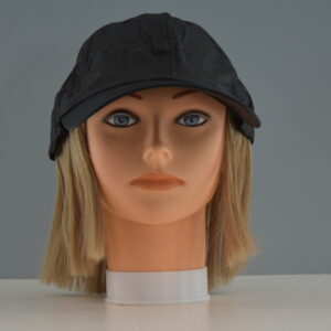 short blond hair wig attached to hat on mannequin head