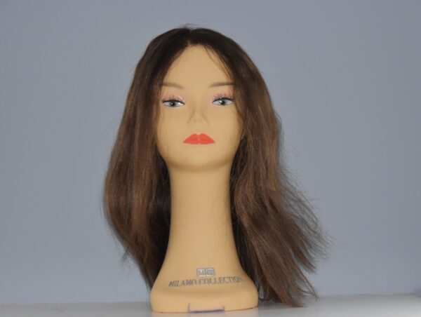 long brown human hair wig on mannequin head