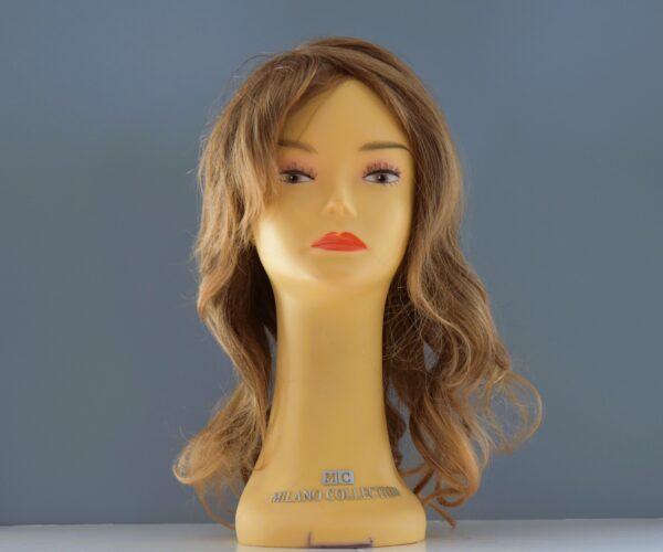 long blonde synthetic wig on mannequin head