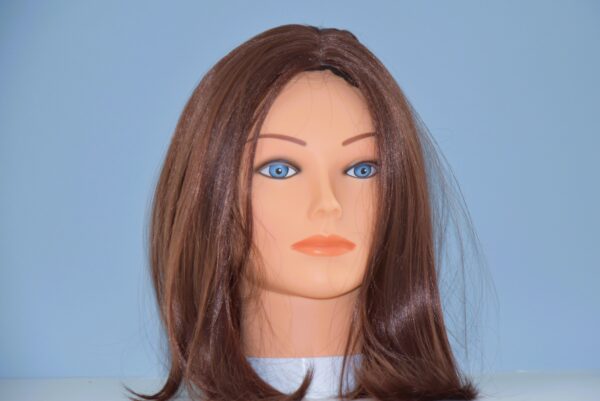 medium length brown synthetic wig on mannequin head