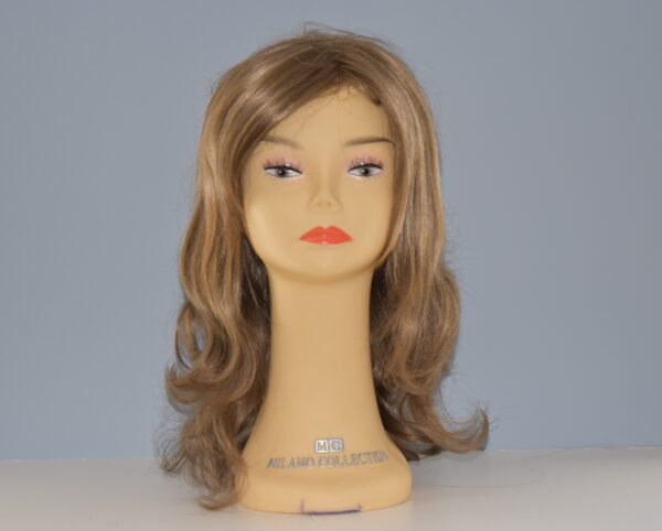 long blonde synthetic wig on mannequin head