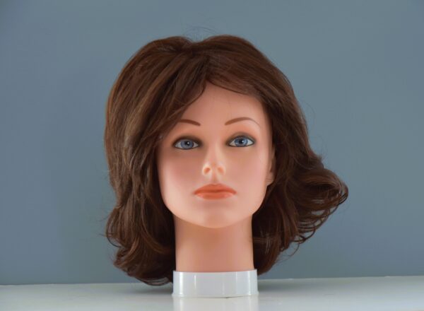 short brown synthetic wig on mannequin head