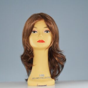 Long brown synthetic wig on mannequin head