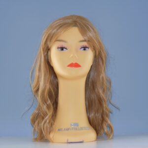long blonde synthetic wig on mannequin head