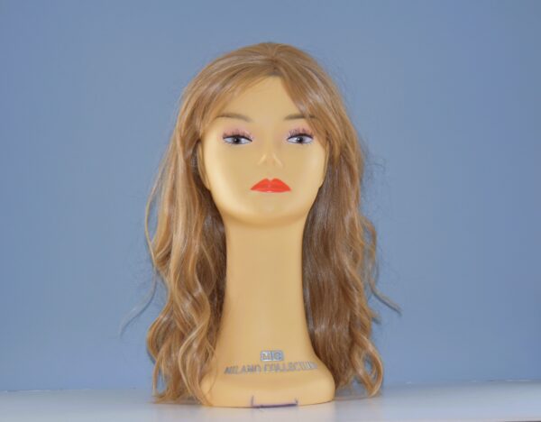 long blonde synthetic wig on mannequin head