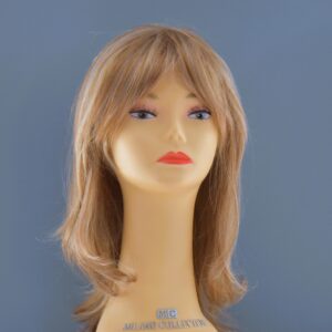 long blonde synthetic wig on mannequin head