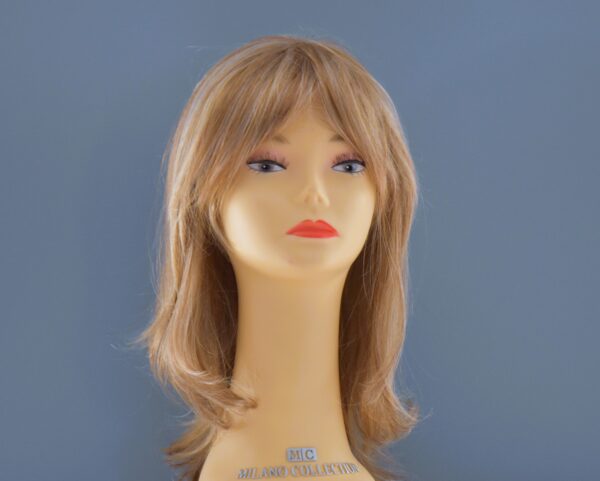 long blonde synthetic wig on mannequin head