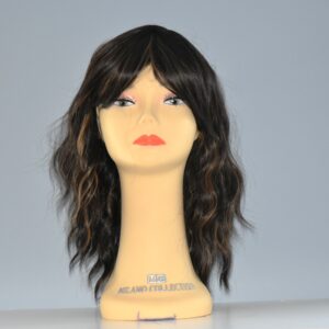 long brown synthetic wig on mannequin head