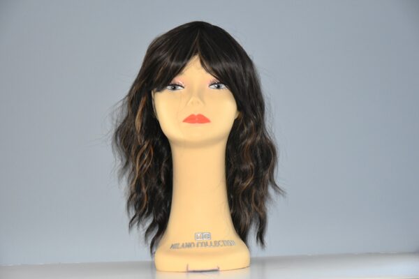 long brown synthetic wig on mannequin head