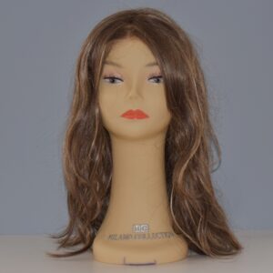 long brown synthetic wig on mannequin head