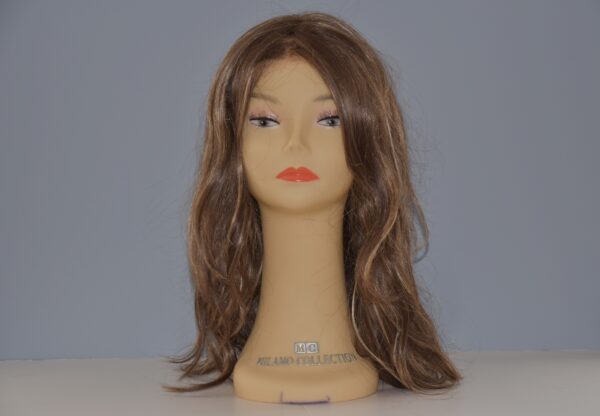 long brown synthetic wig on mannequin head