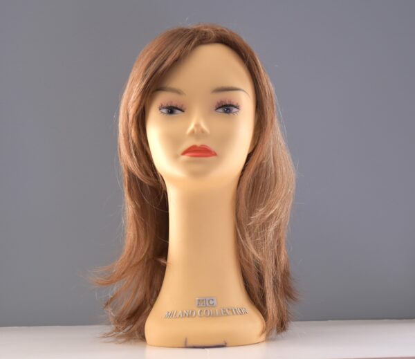 long blonde synthetic wig on mannequin head