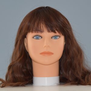 medium length synthetic brown wig on mannequin head