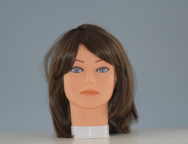 short brown synthetic wig on mannequin head