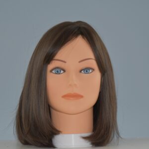 medium length brown synthetic wig on mannequin head