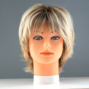 short blonde synthetic wig on mannequin head