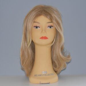 long blonde synthetic wig on mannequin head