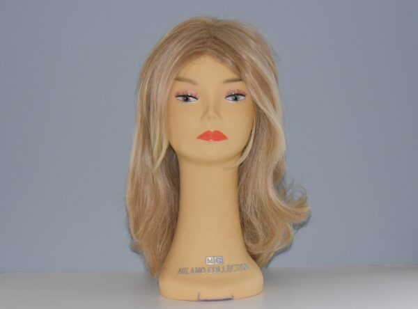 long blonde synthetic wig on mannequin head