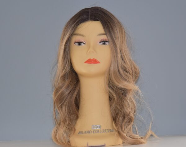 long blonde synthetic wig on mannequin head