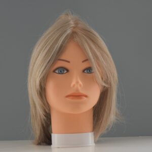 medium length synthetic blonde wig on mannequin head