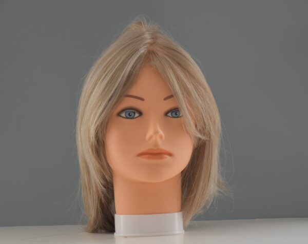 medium length synthetic blonde wig on mannequin head