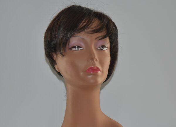 short black synthetic wig on mannequin head