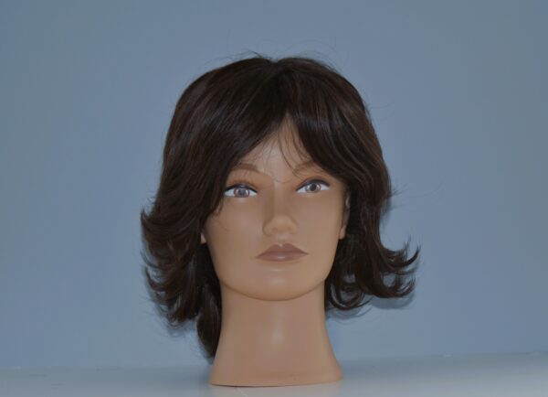 Short brown synthetic wig on mannequin head