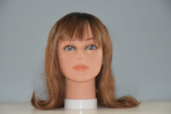 medium length brown synthetic wig on mannequin head