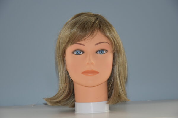 short blonde synthetic wig on mannequin head