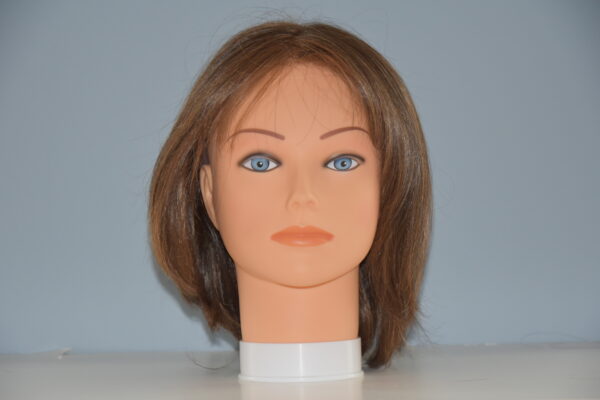short brown synthetic wig on mannequin head