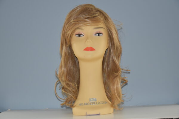 long blonde synthetic wig on mannequin head