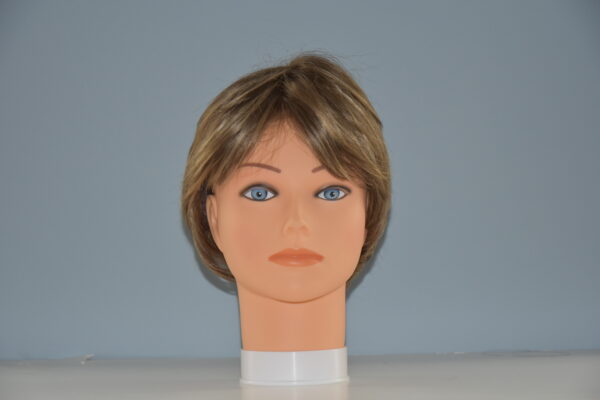 short brown synthetic wig on mannequin head