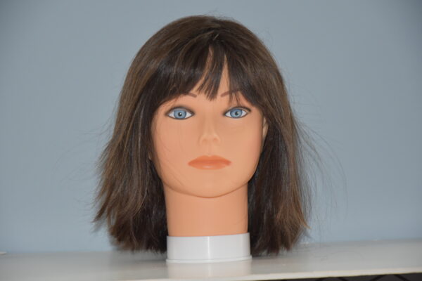 short brown synthetic wig on mannequin head