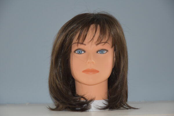 medium length brown synthetic wig on mannequin head