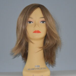 long brown human hair wig on mannequin head