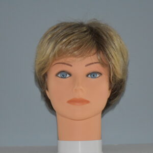 short blonde synthetic wig on mannequin head