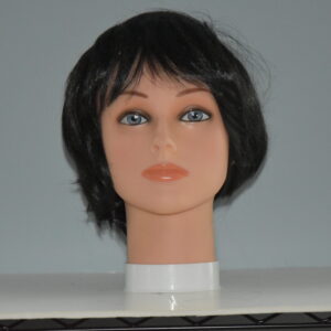 short black synthetic wig on mannequin head