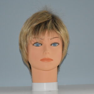 short blonde synthetic wig on mannequin head